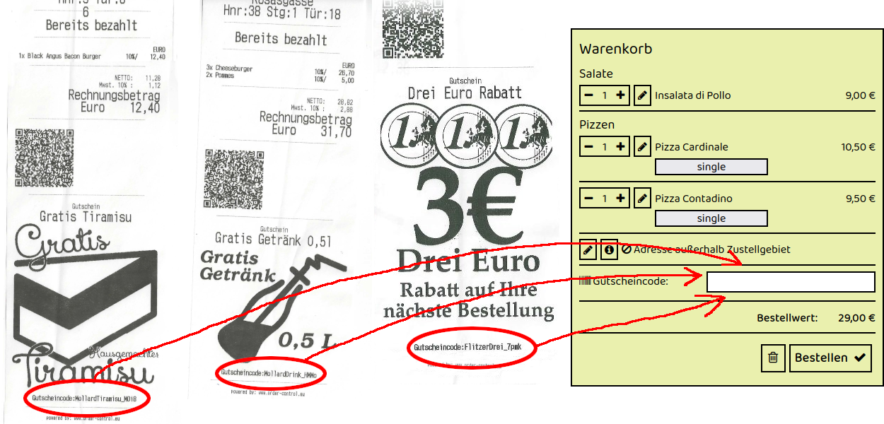 Beispiel für Gutscheincodes auf Rechnungszetteln von Mafiosi in Bruck an der Leitha Hauptstr. 110 – drei Rechnungen mit individuellen Gutscheincodes, die im Online-Warenkorb des Restaurants eingegeben werden können.